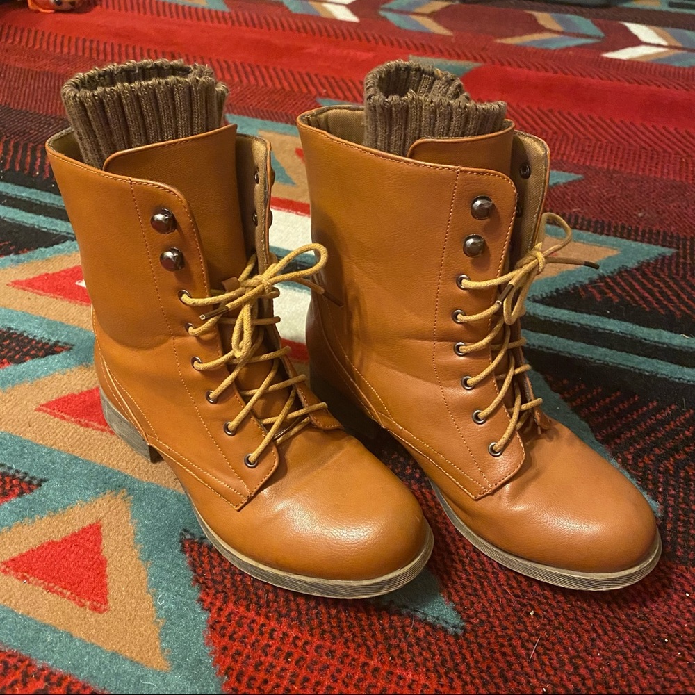 Anna Brown Faux Leather Knitted Sock Combat Boots